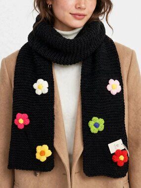 Fadivo New York Black Chunky Knit Scarf Floral Crochet Applique Accent NWT 70x8"
